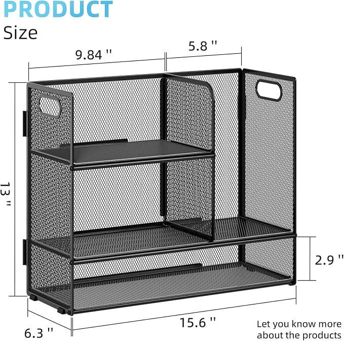 Marbrasse Desk Shelf Organizer with Handle, Bookshelf File Holder, Black | 3-Tier Desktop Mesh Display Shelf Organizer Storage Rack for Office, Home, Supplies, Kitchen