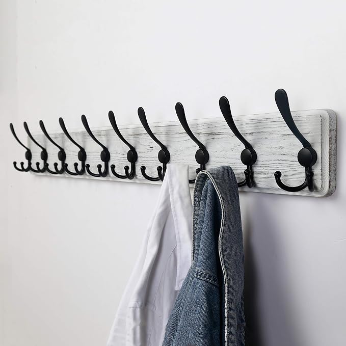 Coat Rack Wall - Heavy-Duty 38-1/4" Long, with Reinforced 10 Custom Tri-Hooks, Solid Wood Wall Hanger for Coats Hat Jackets - Rustic Farmhouse Entryway Storage, White & Black, Pack of 2