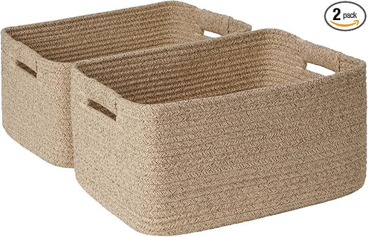 2 Pack Large Storage Basket for Organizing, 17.5"x13"x7" Woven Basket for Shelves, Closet Cube Storage Bins with Wrapped Handle, Cotton Rope Baskets for Kitchen, Clothes, Toys (Natural)