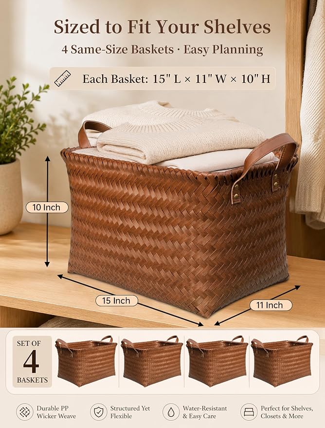 Wicker Storage Baskets, 4 Pack Woven Baskets for Shelves, Brown | PP Rattan, Water-resistant Wicker Basket, Large Baskets with Faux Leather Handles for Blanket, Laundry Organizer, Room Decor