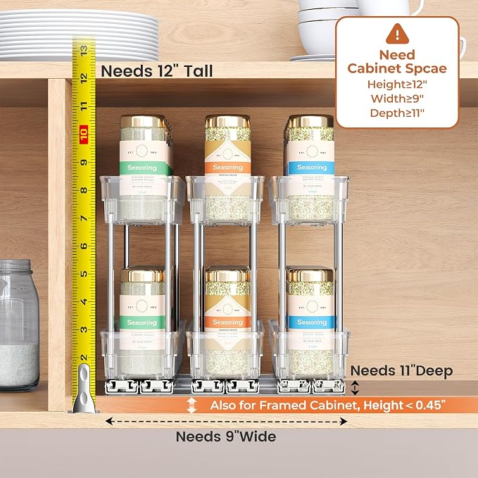 Mystozer Pull Out Spice Rack Organizer for Cabinet, Slide Out Spice Racks Organizer, Easy to Install Spice Cabinet Organizers, 8.5''Wx10.5''Dx8.3''H, 3 Drawers - 2 Tiers (Clear)