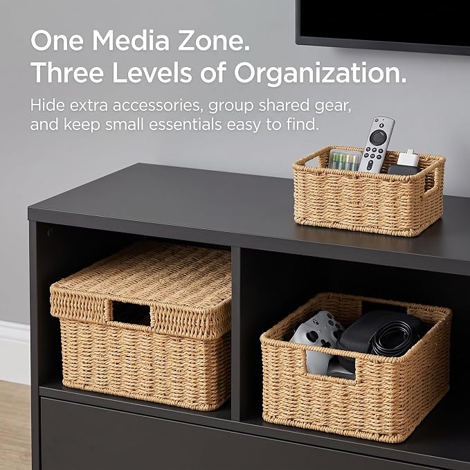 Wicker Storage Basket with Lid for Shelves, 3-Basket Set, Natural | One rectangular wicker basket with lid and two open baskets for decorative shelf storage; removable lid flips into a tray.