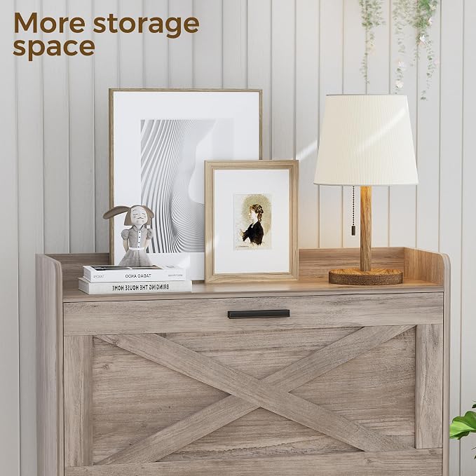 Homleke Farmhouse Shoe Storage Cabinet with Flip Drawers & Barn Door Design | Slim Narrow Shoe Rack Cabinet with Adjustable Shelves & Hidden Storage for Entryway, Foyer, Hallway, Living Room, Greige