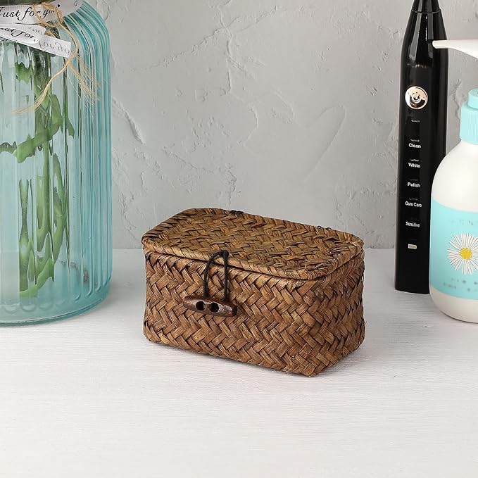 Mini Wicker Basket with Lid, Seagrass Organizer, 4.3"x2.5"x2.1" | Small Wicker Storage Basket Natural Decorative Box for Shelf, Bathroom, Home Decor