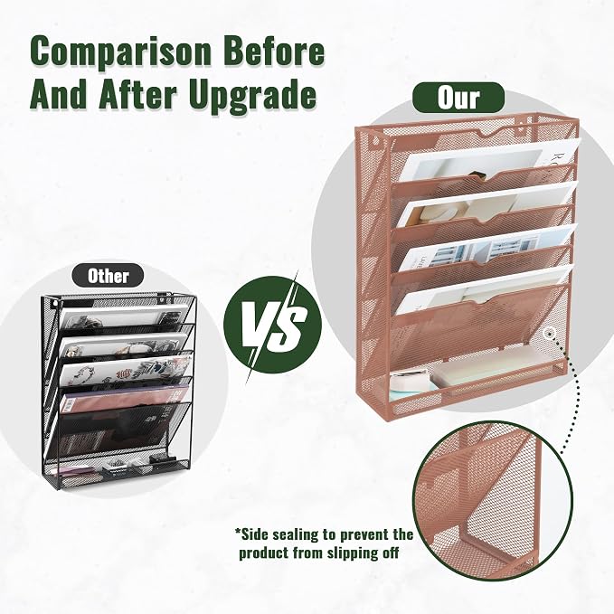 EASEPRES 6 Tier Mesh Hanging Wall File Organizer, Desk Vertical Mail Paper Document Folder Holder Rack with Bottom Tray and Nametag Label for Office Home School, Brown