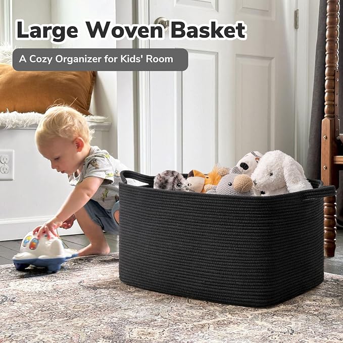 Goodpick Large Woven Blanket Storage Basket, Rectangle Storage, Black | 21.6 x 14.9 x 11.8 in, Reinforced Handles, Blankets, Toys & Pillows Storage, Living Room, Bedroom & Nursery Organization