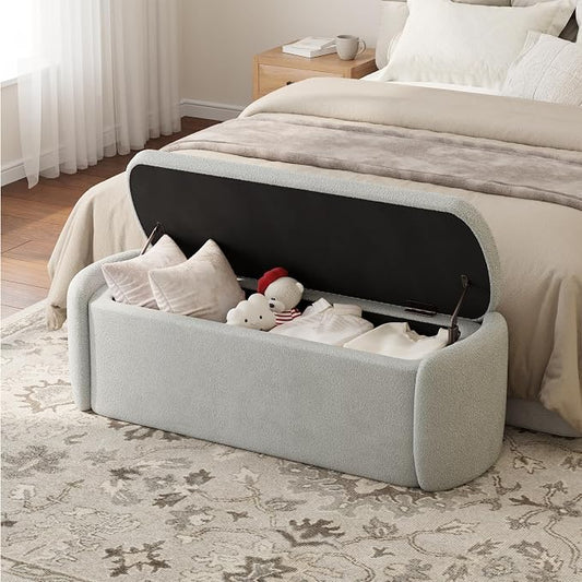 VKNOW Storage Bench, Upholstered Storage Ottoman Bench with Hinge, Grey | Ottoman Bench with Large Capacity, Curved Frame, King Size Bench, Storage Bench for Bedroom, Living Room, Entryway, Window