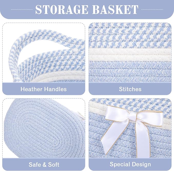 Colingmill 1 Set Woven Empty Basket for Gift,Blue White | with Cellophane Wrap Set, 14 x 10 x 5.5 Inch, Medium Decorative Gift Basket, Cotton Rope Storage Box, Home Decor
