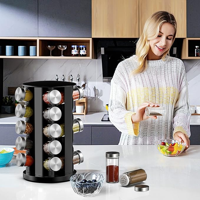 Handisen Rotating Spice Rack Organizer for Cabinet, Spice Racks Storage with 20 Jars, Spinning Spice rack for Kitchen Countertop, Spice Holder,Seasoing Storage Racks, Silver