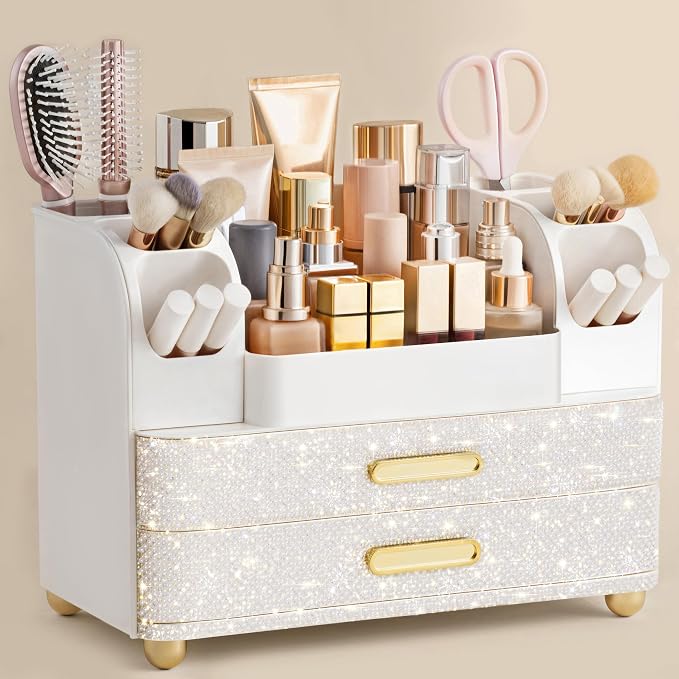 HBlife Makeup Organizer for Vanity with Brush Holder, Large Bathroom Countertop Cosmetic Organizer Skin Care Storage, Easy to Store Nail Polishes, Perfumes, Eyeshadow Palettes, Pearl All White