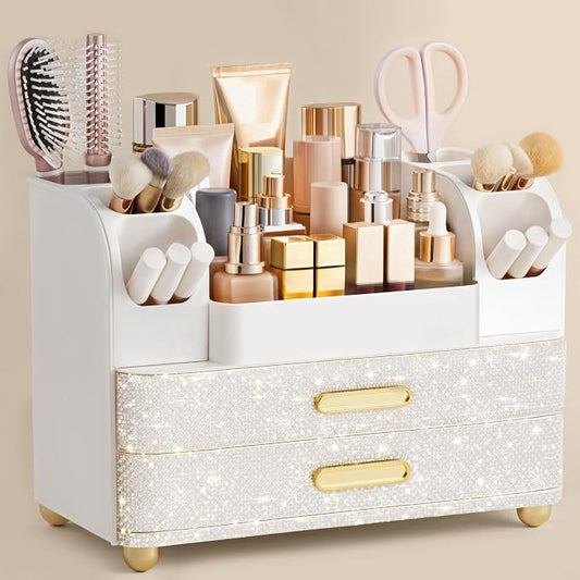 HBlife Makeup Organizer for Vanity with Brush Holder, Large Bathroom Countertop Cosmetic Organizer Skin Care Storage, Easy to Store Nail Polishes, Perfumes, Eyeshadow Palettes, Pearl All White