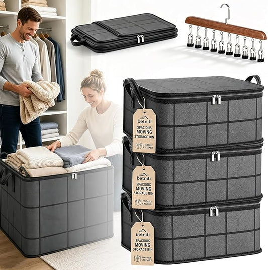 Upgrade Spacious Moving Storage Bin - Large Capacity Zippered Fabric Organizer for Bedding & Clothes, Foldable Blanket Bag with Reinforced Handles for Quilts, Comforters & Moving Day，3Pcs：S