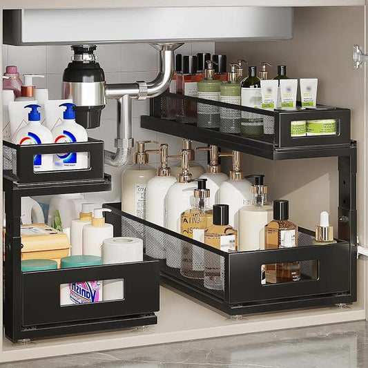 2 Pack 18.5IN-Depth Under Sink Organizer With Next-Gen Ball-Bearing Slides,2-Tier Pull Out Cabinet Storage,Height Adjustable Drawer Shelf for Bathroom,Kitchen,Laundry,Cabinet,Pantry-Black