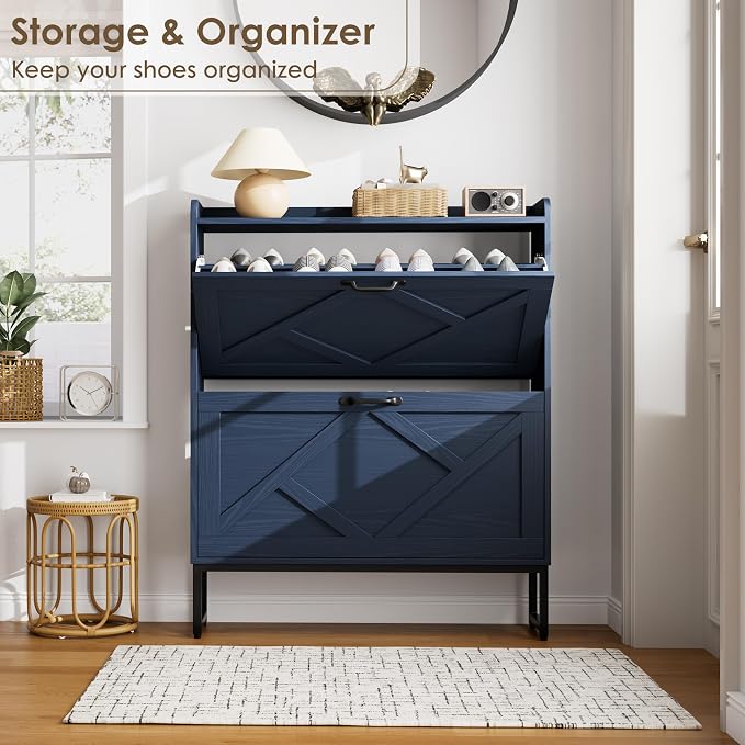 Nicetree Shoe Storage Cabinet, Shoe Cabinet with 2 Flip Drawers, Narrow Shoe Rack Cabinet, Farmhouse Slim Shoe Cabinet Storage for Entryway,Blue