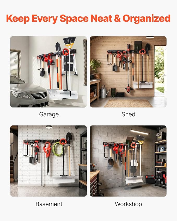 VEVOR Garage Tool Organizer 49.5 Inch 600 lbs Wall Mount Garden Tool Rack, Heavy Duty Garage Hanging Storage Rack Organization with 3 Rails and 9 Adjustable Hooks, for Yard Tools, Shovel, Rake, Shed
