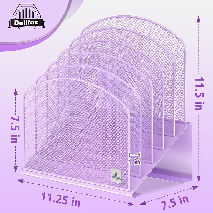 Delifox Inclined Desk File Organizer,Vertical File Folder Holder Stand Metal Rack File Sorter for Office Classroom Desktop Organization (1, Purple, 5)