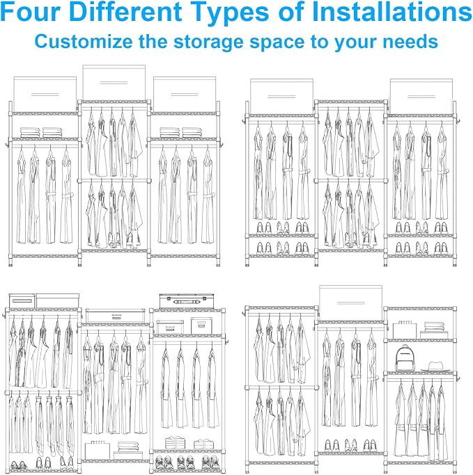 E13 Max Heavy Duty Clothes Rack（With 4 Hanger Rods & 8 Shelves） Freestanding Clothing Racks for Hanging Clothes，Adjustable Closet，Metal Garment Rack 86" W x16 D x77 H，Max Load 1100LBS，Black