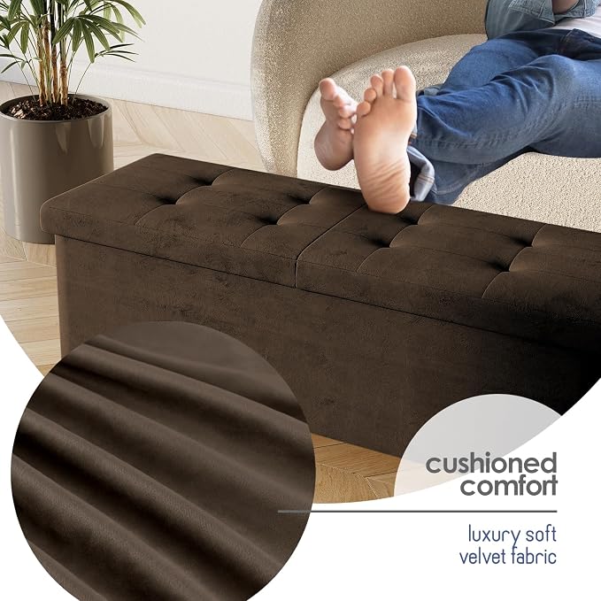 Storage Ottoman Bench with Bins, 43-in Storage Bench for Bedroom End of Bed, Folding Foot Rest Ottoman for Living Room Max 660lbs, Velvet Ottomans, Brown