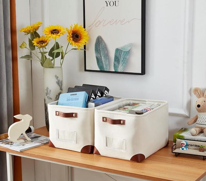 DECOMOMO Storage Bins, Fabric Storage Baskets for Shelves | 3 Pack Linen Closet Organization (Creamy White, Large)