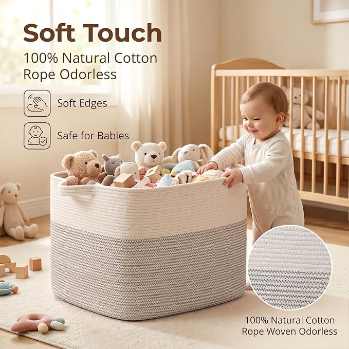 OIASKET 108L Cotton Rope Storage Basket for Living Room and Bedroom 25"x16"x16" Woven Laundry Basket, Heavy Duty Bin for Blankets, Pillows & Toys, Pet-Safe & Scratch-Free, Black and White
