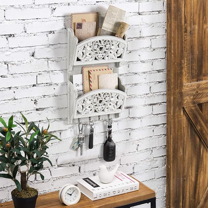 Key and Mail Holder for Wall, 2-Slot Mail Organizer Wall Mount 4 Key Hooks | Retro Hollowed-out Pattern Wooden Farmhouse Key Hangers Wall File Organizer Letter Sorter, Key Rack for Entryway Home Decor