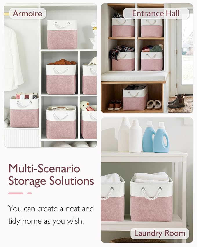 Patvingot 13-Inch Fabric Cube Storage Bins with Handles,4 Pack,Foldable | For cube shelves and closets,keeps grouped for everyday access,reinforced opening and fold-flat storage,white and pink
