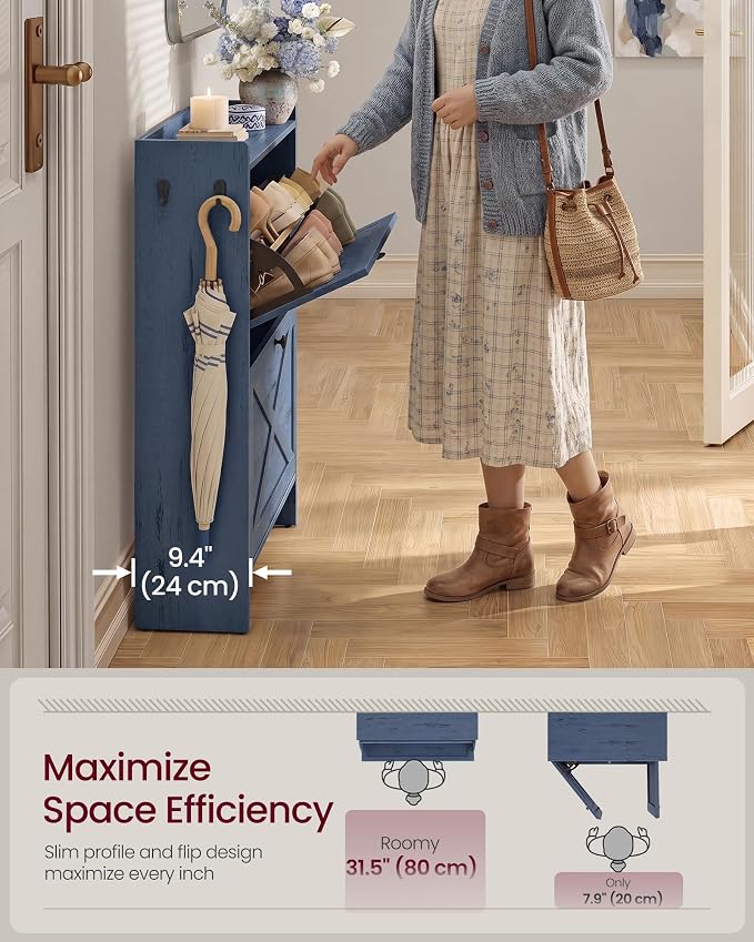 VASAGLE Shoe Storage Cabinet Organizer with 2 Flip Drawers, Freestanding Narrow Shoe Rack Cabinet for Entryway, Farmhouse Style, Fits 14 to 16 Pairs, Cloud Creek Blue UHSC203QR01