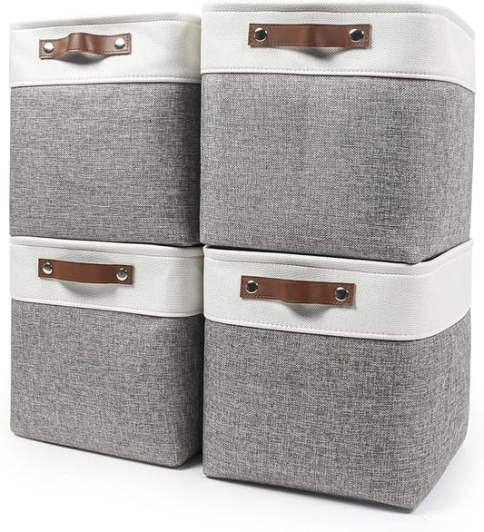 Bagnizer 13x13 Cube Storage Bins, Collapsible Fabric Storage Box, 4 Pack Closet Baskets with Handles for Organizing, Shelf, Toys, Clothes, Home, Office, Nursery (Grey&White)