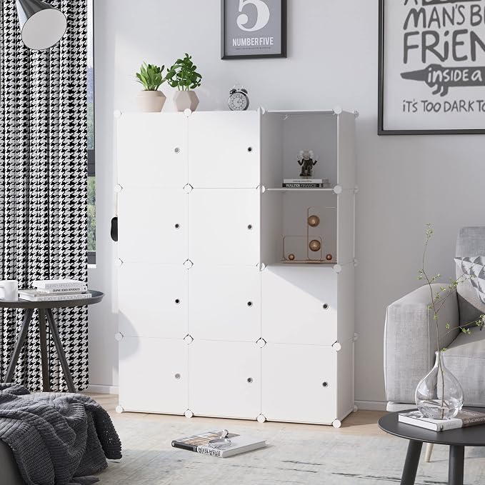 C&AHOME 12-Cube Storage Organizer with Door Cube Shelf Closet Cabinet Milky | DIY Plastic Modular Bookshelf, Stackable Clothes Storage Shelving Ideal for Home, Bedroom, 36.6”L x 12.4”W x 48.4”H
