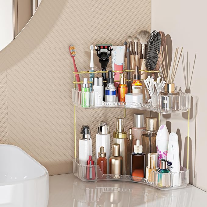 Webetop Corner Makeup Organizer 2 Tier Bathroom Storage with Brush Holder | Space-saving Corner Fit, Clear Acrylic Construction, Detachable Brush Slots, Non-Slip Base, Easy-access Tiered Design
