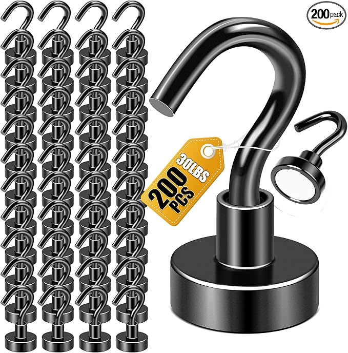 DIYMAG Magnetic Hooks 200pcs 30lbs Cruise Essentials 2026 Magnet Hook Black | Neodymium Heavy Duty Strong Magnets Hanging Ship Cabins Refrigerator Fridge Classroom Beach Vacation Kitchen Grills Home Tool