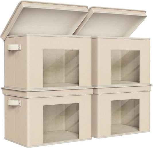 Univivi Fabric Storage Bins with Lids for Closet, 4 Pack, Beige | Fabric Foldable Storage Boxes, Sturdy Collapsible Storage Bins with Clear Window, Storage Bins for Home, Closet, Shelves