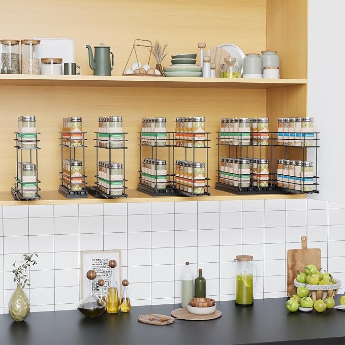 Mystozer Pull Out Spice Rack Organizer for Cabinet, Slide Out Spice Racks, Easy to Install Spice Cabinet Organizer, 2.5" Wx10.43 Dx8.26 H, 1 Drawer 2 Tiers（Black）