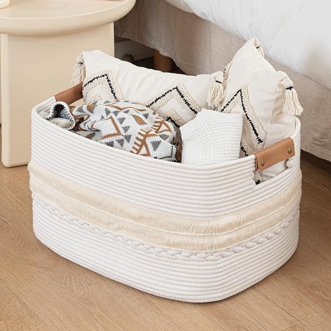 danpinera 108L Large Basket for Living Room, Boho Decorative Basket Organizing with Handles, Cotton Rope Storage for Toys, Pillows, Clothes, 25’’*16’’*16’’ White