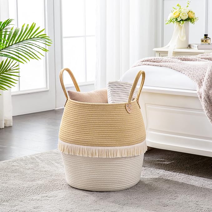 KAKAMAY Woven Baskets for Storage(17"x17"),Large Cotton Rope Woven Baby Laundry Hamper,Collapsible Laundry Basket, Blanket Basket for Organizing Living Room,Nursery,Pillows,Toy Chest(Beige)