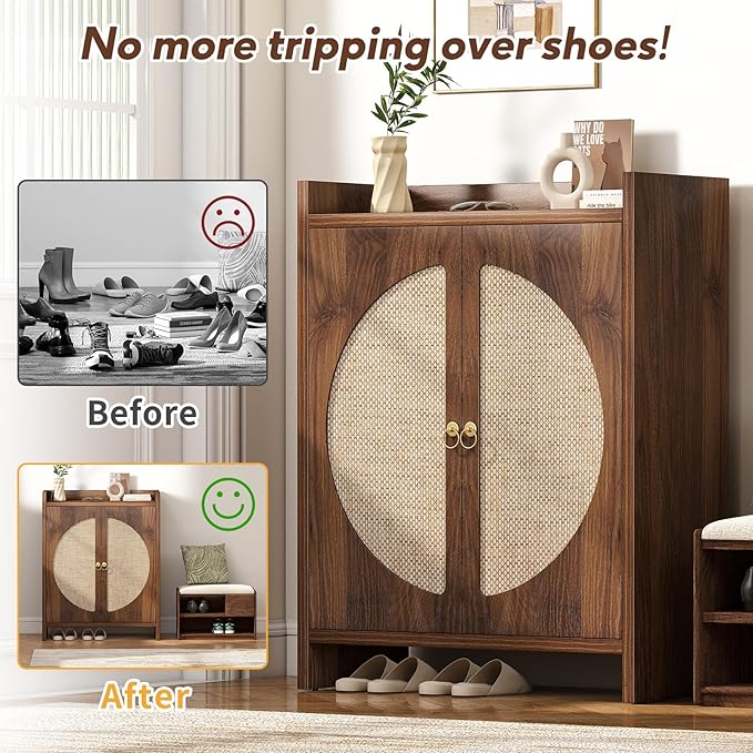 Shoe Cabinet Storage for Entryway - Rattan Entry Way Shoe Storage Cabinet with Adjustable Shelves, Wood Shoe Organizer Cabinet, Accent Cabinet with Doors for Entrance Hallway Living Room Foyer