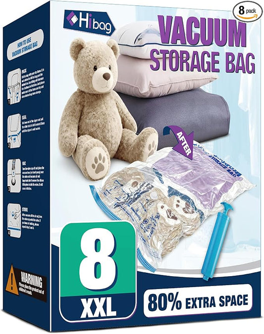 XXL Jumbo Vacuum Seal Storage Bags Extra Large for Clothing Bedding | 47''X35'', Airtight Triple Seal, Save 80% Space, Hand Pump, Work with Vacuum, Double Zip, Reusable, Easy to Use, 8 pack