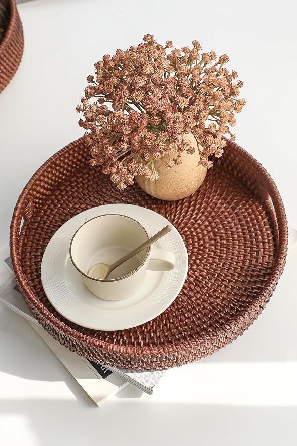HITOMEN 11.8" Hand-Woven Round Rattan Serving Tray Decorative Wicker Trays with Handles for Coffee Table (Brown-M)