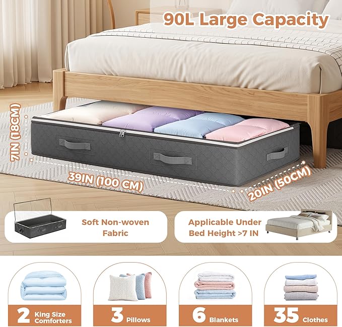 Budding Joy 90L Under Bed Storage Containers, 4 Pack Closet Organizers Grey | Foldable underbed storage bins for linen sheets, blanket, clothing, comforter, sweaters, pillows, wrapping paper