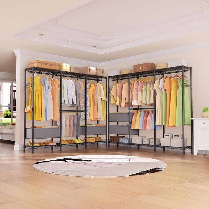 Golpart Heavy Duty Clothes Rack Metal Wardrobe with Adjustable Wire Shelves | Closet Organizers and Storage Clothing Rack Metal System Freestanding Hanging Clothes System Free Standing Garment Coat Racks