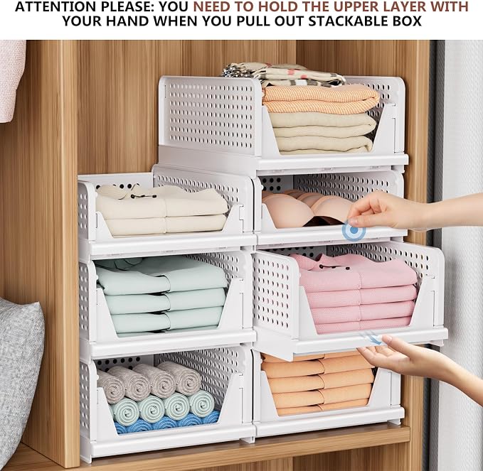 4 Pack Folding Closet Organizers Storage Box, Stackable Storage Bins, Plastic Drawer Basket Closet Storage for Wardrobe Cupboard Kitchen Bathroom Office White-4L | White stackable plastic drawer bins for closets, wardrobes, kitchens, bathrooms, offices