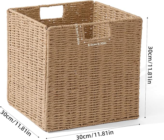 Set of 2 Hand-Woven Paper Rope Wicker Baskets, Storage Basket, Foldable Cube Storage Bins, Natural Color Storage Cubes, Square Baskets for Organizing Shelves Decor, 12x12x12in