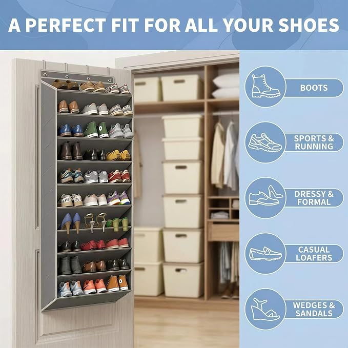 30 Pairs Over the Door Shoe Organizer, Extral Large Hanging Shoe Rack Storage for Closet, 10-Tier Heavy Duty Shoe Holder for Boots Sneakers (Grey)