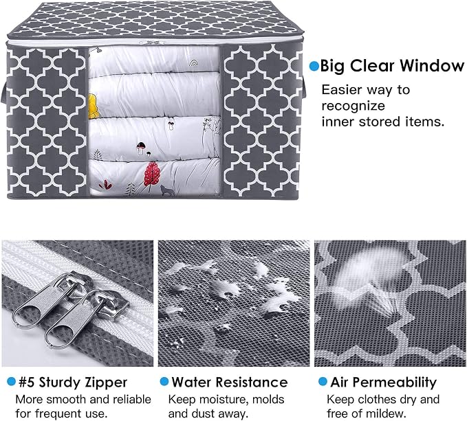 WISELIFE Storage Bags, Large Blanket Clothes Organization and Storage Containers for Bedding, Comforters, Foldable Organizer with Reinforced Handle, Clear Window,Sturdy Zippers,(Grey, 6 x 100L)