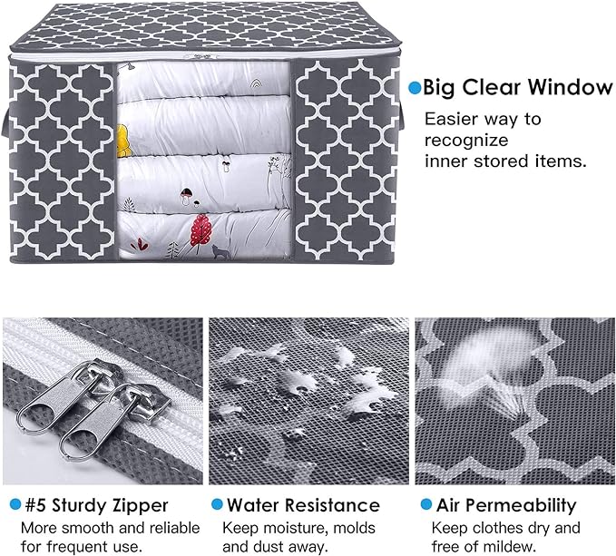 WISELIFE Storage Bags, Large Blanket Clothes Organization and Storage Containers for Bedding, Comforters, Foldable Organizer with Reinforced Handle, Clear Window,Sturdy Zippers,(Grey, 2 x 100L)