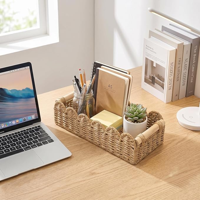 Handwoven Paper Rope Storage Basket, Scalloped Edge Decorative Organizer with Wooden Handles, Multifunctional basket for Bathroom Toilet Paper, Bedroom,End Table, Shelf and More Decoration (M+L)