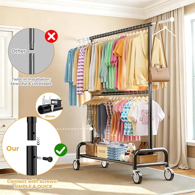 Heavy Duty Clothes Rack Load 860LBS, Double Rods Rolling Clothing Racks for Hanging Clothes, Rolling Garment Rack With Sturdy Wheels Shelves, Portable & Adjustable Commercial Garment Rack, Black