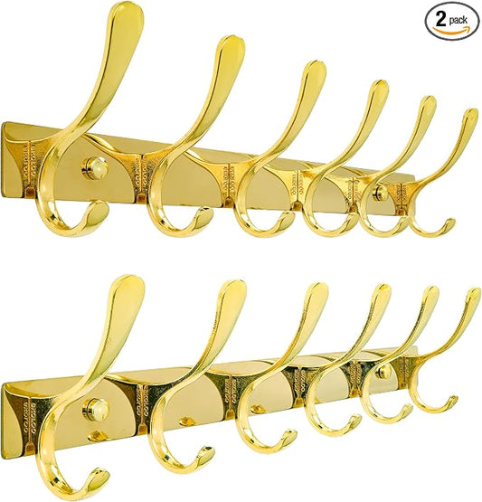 SKOLOO Coat Rack Wall Mounted - 6 Hooks, Pack of 2, Heavy Duty, Stainless Steel, Metal Wall Hangers, Sturdy Coat Hooks for Hanging Coats, Jacket, Clothes, Hat, Bright Gold