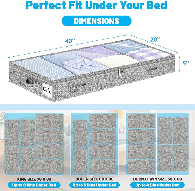 5 Inch Low Profile Under Bed Storage Drawer 4 Pack, Lightweight Underbed Clothes Storage Container Bins With NO STURCTURE, Shallow Storage Bag for Dorm & Home, With Clear Lids & Water-Resistant Fabric
