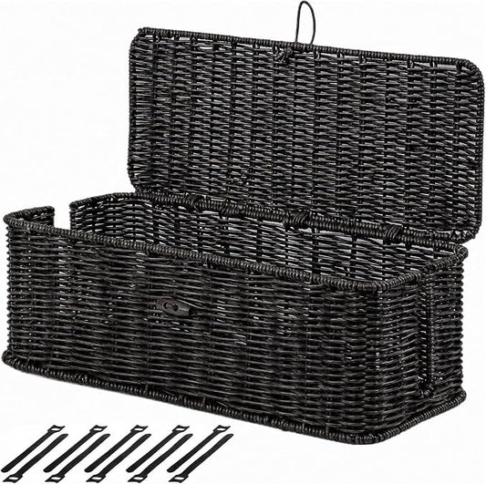 BROWNLILY Cable Management Box, Rattan Style Cord Organizer Cord Hider Outlet Covers Baby Proofing for Power Strip TV PC Router Charger Under Desk Storage with Lockable Lid and Cable Ties-Black, L